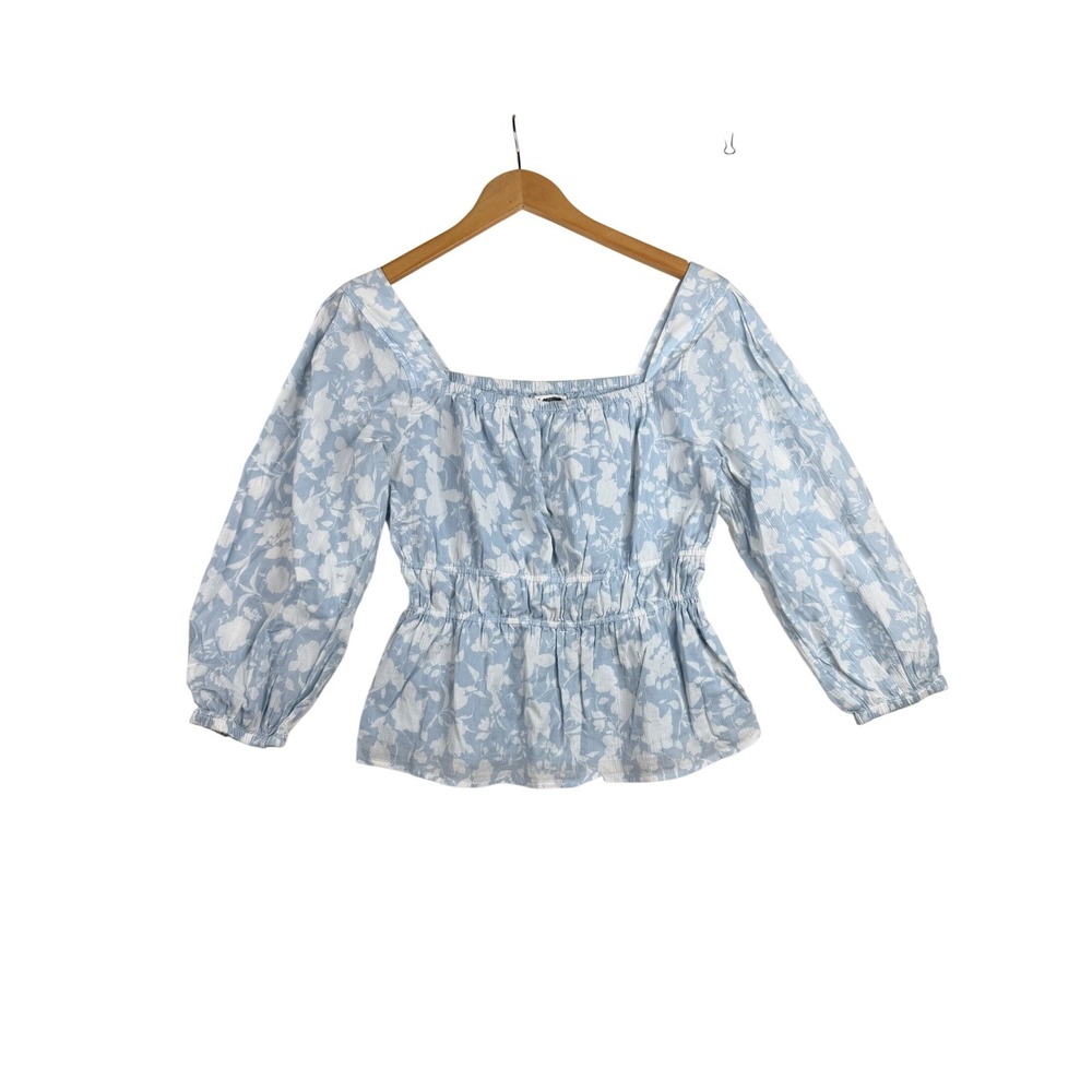 Free Assembly Square Neck Printed Blouson Sleeve Top size Small Light Blue/White